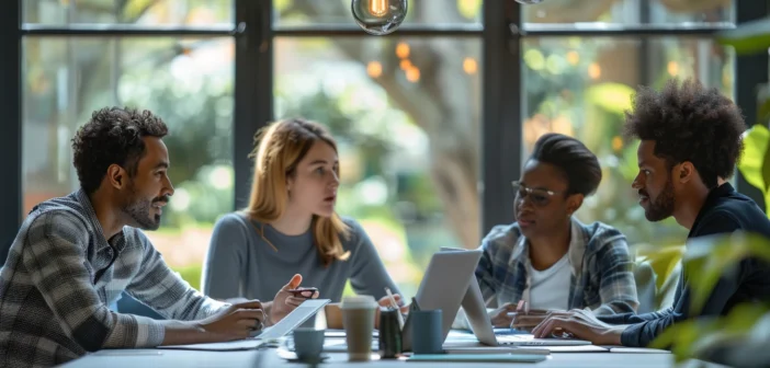 A lifestyle stock photography of a diverse team of professionals in a modern office setting, engaging in a collaborative discussion around a table with documents and laptops, captured from a slightly elevated angle to show their interactions and the workspace; bright, natural lighting from large windows, emphasizing a clean and organized environment, with a focus on the teamwork and communication; the composition should include subtle details like coffee cups, notebooks, and office decor to create a realistic and dynamic scene; the mood should be professional yet approachable, inspiring a sense of productivity and cooperation. --ar 3:2 --no text, fonts, letters, watermark, words, typography, slogans, signature, camera --v 6.0 --s 250