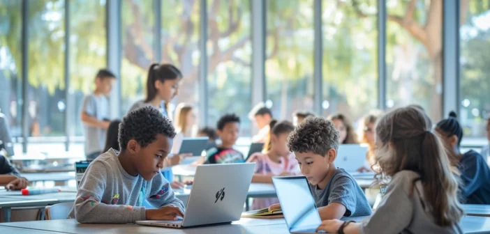 A lifestyle stock photography of a diverse group of students using digital devices like tablets and laptops in a modern classroom, seated around collaborative tables and engaged in interactive learning activities, with a teacher guiding them; the scene is well-lit with natural light streaming through large windows, creating a bright and inviting atmosphere; the composition includes students of various ages and backgrounds, highlighting inclusivity and engagement; the mood is positive and dynamic, capturing the essence of digital transformation in education; shot with a wide-angle lens to encompass the entire classroom and its lively environment. --ar 3:2 --no text, fonts, letters, watermark, words, typography, slogans, signature, camera --v 6.0 --s 250