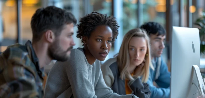 A lifestyle stock photography of a diverse group of office workers collaborating around a computer, focusing intently on the screen, in a modern, open-plan office with large windows letting in natural light, arranged in a balanced composition with the main subject in the center, warm and inviting lighting, medium shot capturing their expressions and interactions, high-quality and polished, conveying a professional and dynamic atmosphere, taken at eye level for an engaging perspective. --ar 3:2 --no text, fonts, letters, watermark, words, typography, slogans, signature, camera --v 6.0 --s 250