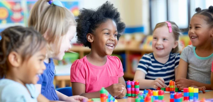 A lifestyle stock photography of a group of young children engaged in an interactive learning activity with a teacher in a bright, airy classroom, everyone is smiling and actively participating, the scene is vibrant and filled with natural light streaming through large windows, the composition includes colorful educational materials and children's artwork on the walls, the lighting is soft and natural, framing focuses on the joyful expressions and collaborative atmosphere, the mood is positive and inspiring, camera angle is at eye level with the children to capture their engagement and excitement. --ar 3:2 --no text, fonts, letters, watermark, words, typography, slogans, signature, camera --v 6.0 --s 250