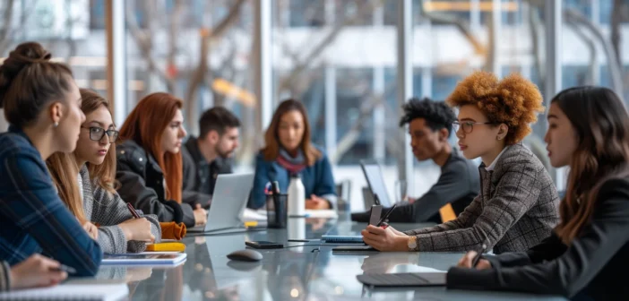 a lifestyle stock photography of a diverse group of young professionals in a modern office setting, engaged in a collaborative discussion around a large conference table, with some taking notes and others using laptops, in a bright and spacious room with large windows letting in natural light, framed to include the energetic ambiance of the workspace, refined with clear expressions of focus and determination, capturing a productive and positive mood, using a wide-angle lens to encompass the entire scene and emphasize the collaborative environment. --ar 3:2 --no text, fonts, letters, watermark, words, typography, slogans, signature, camera --v 6.0 --s 250
