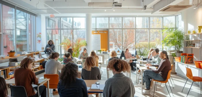 A lifestyle stock photography of a diverse group of adults in a modern classroom setting, engaged in an interactive workshop or training session, with a mix of people taking notes, asking questions, and collaborating in small groups, the scene is bright and airy with natural light streaming through large windows, contemporary furniture and educational materials scattered around, captured with a shallow depth of field to focus on the participants' expressions, creating a dynamic and optimistic atmosphere, shot from a slightly elevated angle to encompass the entire room and the collaborative energy. --ar 3:2 --no text, fonts, letters, watermark, words, typography, slogans, signature, camera --v 6.0 --s 250