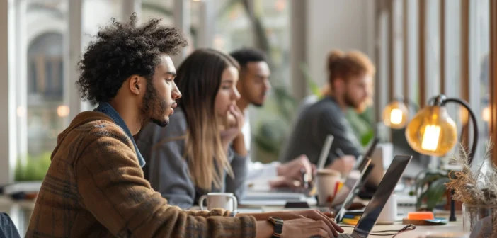 A lifestyle stock photography of a diverse group of people engaging in online learning, seated at desks with laptops, tablets, and notebooks, in a cozy, well-lit home office or modern co-working space, showcasing various stages of study and collaboration, with natural light streaming through large windows, framed with a focus on interaction and engagement, refined with subtle details like coffee mugs and stationery, conveying a mood of concentration and productivity, captured from a slightly elevated angle to encompass the entire scene. --ar 3:2 --no text, fonts, letters, watermark, words, typography, slogans, signature, camera --v 6.0 --s 250