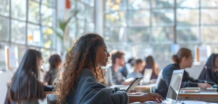 A lifestyle stock photography of a diverse group of students engaging in online learning, sitting at their desks with laptops and tablets, in a brightly lit modern classroom with large windows, natural light streaming in, and a whiteboard in the background, capturing the dynamic interaction and focus of the students, with a balanced composition and clear, sharp details, evoking a sense of innovation and collaboration, taken from a slightly elevated angle to encompass the entire scene. --ar 3:2 --no text, fonts, letters, watermark, words, typography, slogans, signature, camera --v 6.0 --s 250