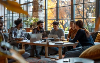 A lifestyle stock photography of a diverse group of people sitting around a modern coffee table, engaged in a lively discussion with laptops, notebooks, and coffee cups, in a cozy, well-lit room with large windows, natural sunlight streaming in, framed from a slightly elevated angle to capture the dynamic interaction, with a warm and inviting atmosphere, detailed and sharp focus on the expressions and gestures of the participants, creating a collaborative and friendly mood. --ar 3:2 --no text, fonts, letters, watermark, words, typography, slogans, signature, camera --v 6.0 --s 250