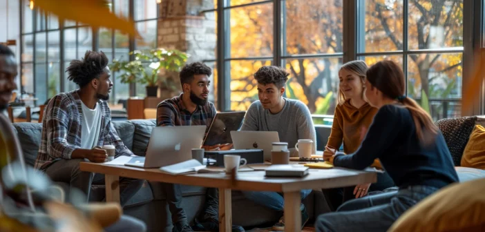 A lifestyle stock photography of a diverse group of people sitting around a modern coffee table, engaged in a lively discussion with laptops, notebooks, and coffee cups, in a cozy, well-lit room with large windows, natural sunlight streaming in, framed from a slightly elevated angle to capture the dynamic interaction, with a warm and inviting atmosphere, detailed and sharp focus on the expressions and gestures of the participants, creating a collaborative and friendly mood. --ar 3:2 --no text, fonts, letters, watermark, words, typography, slogans, signature, camera --v 6.0 --s 250