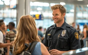 a lifestyle stock photography of an airport security officer, standing confidently at a security checkpoint, with passengers and luggage in the background, the officer is smiling and engaging warmly with a passenger, the scene is bustling and dynamic, with clear lines and organized lanes, natural lighting filters through large airport windows, providing a bright and airy atmosphere, the photo is framed to capture both the officer and the context of the busy airport environment, high-resolution and sharp focus, the mood is professional yet approachable, camera angle at eye level for a realistic and relatable perspective. --ar 3:2 --no text, fonts, letters, watermark, words, typography, slogans, signature, camera --v 6.0 --s 250