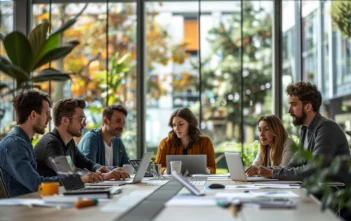A lifestyle stock photography of a group of professionals in a modern office space, gathered around a conference table, discussing and reviewing digital strategy plans, with laptops, tablets, and documents spread out, the scene captures a collaborative and engaging atmosphere, natural light flooding through large windows, shot from a slightly elevated angle to include everyone in the frame, sharp focus on the participants' expressions and body language, evoking a productive and focused mood, high resolution with balanced exposure and vibrant colors. --ar 3:2 --no text, fonts, letters, watermark, words, typography, slogans, signature, camera --v 6.0 --s 250