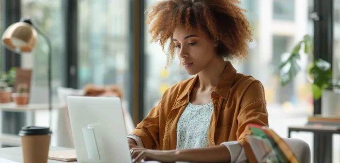 A lifestyle stock photography of a young professional sitting at a modern desk, intently reviewing a career development plan, with a laptop, notepad, and coffee cup, in a contemporary office space with large windows and natural light, captured in a balanced composition with a bright and motivational atmosphere, framed to include elements of productivity and ambition, focusing on clarity and purpose, with a shallow depth of field, and a slight overhead camera angle for an engaging perspective. --ar 3:2 --no text, fonts, letters, watermark, words, typography, slogans, signature, camera --v 6.0 --s 250