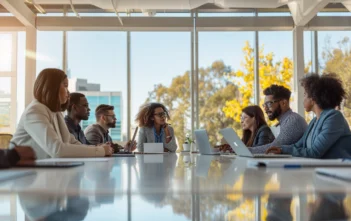 A lifestyle stock photography of a diverse group of business professionals collaborating in a modern office, gathered around a large conference table, engaged in a lively discussion with laptops, tablets, and documents spread out; bright natural light streaming through large windows, creating a warm and inviting atmosphere; framed in a way that captures both the energetic interaction and the contemporary office setting; refined with attention to the expressions and body language of the participants, conveying a sense of teamwork and innovation; the mood is dynamic and focused, with a slight wide-angle lens capturing the entire scene. --ar 3:2 --no text, fonts, letters, watermark, words, typography, slogans, signature, camera --v 6.0 --s 250
