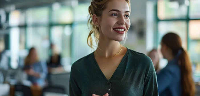 A lifestyle stock photography of a confident young professional standing in a modern office, engaged in a lively conversation with colleagues, showcasing teamwork and networking, with a well-organized workspace in the background, natural daylight streaming through large windows, medium shot, soft focus on the background, vibrant and motivational atmosphere, captured with a DSLR camera at eye level. --ar 3:2 --no text, fonts, letters, watermark, words, typography, slogans, signature, camera --v 6.0 --s 250