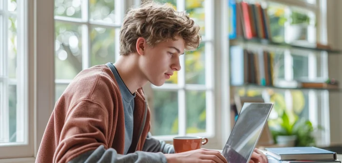 A lifestyle stock photography of a young adult sitting comfortably at a modern home desk, focused on a laptop screen, with books and a coffee cup nearby, in a bright, well-lit room with large windows letting in natural light, framed with an over-the-shoulder view to capture both the subject and the engaging online learning environment, refined with clear and vibrant details, evoking a mood of concentration and enthusiasm, taken with a slight angle to show depth and context. --ar 3:2 --no text, fonts, letters, watermark, words, typography, slogans, signature, camera --v 6.0 --s 250