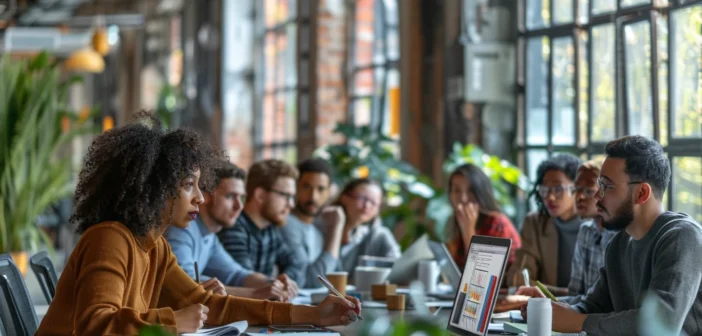 A lifestyle stock photography of a diverse group of professionals in a modern office setting, gathered around a table and engaged in an interactive training session, with some participants taking notes, others asking questions, and a trainer presenting on a large screen; the scene is well-lit with natural light streaming through large windows, and the composition focuses on the collaborative and dynamic atmosphere, capturing both close-up details of expressions and wide shots of the entire group, the mood is energetic and focused, shot from a slightly elevated angle to encompass the entire room and emphasize the collective effort. --ar 3:2 --no text, fonts, letters, watermark, words, typography, slogans, signature, camera --v 6.0 --s 250