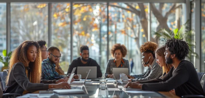 A lifestyle stock photography of a diverse group of employees in a modern office setting, collaborating around a large table with laptops and documents, showcasing engaged and motivated expressions, with natural daylight streaming in through large windows, creating a bright and energetic atmosphere, shot from a slightly elevated angle to capture the dynamic interaction and teamwork, with a focus on both individual concentration and group synergy, in a high-resolution, professional-quality image. --ar 3:2 --no text, fonts, letters, watermark, words, typography, slogans, signature, camera --v 6.0 --s 250