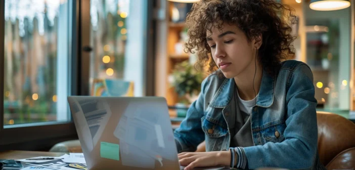 A lifestyle stock photography of a young entrepreneur or freelancer sitting at a modern desk, deeply engrossed in studying business strategies and skills from a laptop and scattered papers, in a well-lit, contemporary home office with large windows allowing natural light, framed to capture the organized clutter and determination on their face, with a focus on productivity and ambition, using a high-resolution camera at a slightly elevated angle to emphasize the dedication and hard work involved in their learning process. --ar 3:2 --no text, fonts, letters, watermark, words, typography, slogans, signature, camera --v 6.0 --s 250