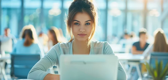 A lifestyle stock photography of a young professional woman working intently at a desk in a modern open-plan office, surrounded by colleagues working at their own desks, natural daylight streaming through large windows, soft focus on background with clear emphasis on the main subject, bright and airy atmosphere, capturing a productive and focused mood, shot from a slightly elevated angle to show the collaborative workspace environment. --ar 3:2 --no text, fonts, letters, watermark, words, typography, slogans, signature, camera --v 6.0 --s 250