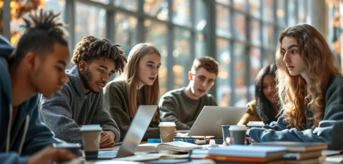 A lifestyle stock photography of a diverse group of college students, casually sitting around a table in a modern library, engaged in a lively discussion about student loans, with books, laptops, and coffee cups scattered on the table, natural sunlight streaming through large windows, a mix of focused and thoughtful expressions, captured in a candid and dynamic composition, evoking a mood of collaboration and exploration, shot with a high-resolution DSLR camera at eye level to create an immersive and relatable scene. --ar 3:2 --no text, fonts, letters, watermark, words, typography, slogans, signature, camera --v 6.0 --s 250