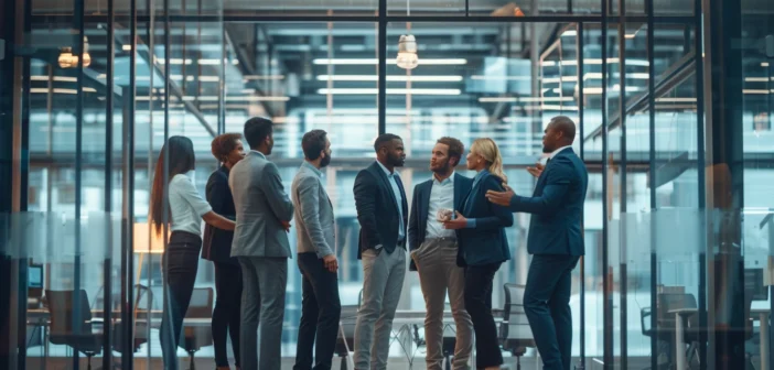 A diverse group of business professionals, standing in a circle, engaged in an animated discussion within a modern open-plan office with glass walls and natural light; balanced composition with individuals equally spaced and facing each other, conveying collaboration and unity; soft, diffused lighting to create a warm and inviting atmosphere; medium shot framing the group from the waist up, capturing their expressions and body language; sharp and detailed refinement to emphasize the professional attire and office environment; the mood is dynamic and focused, with a slight upward camera angle to symbolize aspiration and progress. --ar 3:2 --no text, fonts, letters, watermark, words, typography, slogans, signature, camera --v 6.0 --s 250
