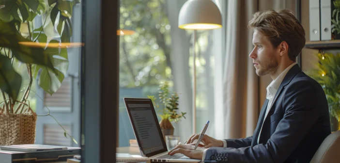 A lifestyle stock photography of a young professional sitting at a neatly organized desk, wearing business attire, confidently engaging in an online interview via laptop, in a modern home office with soft natural light filtering through a large window, framed to capture both the subject and the inviting workspace decor, with a focus on conveying a sense of professionalism, preparation, and calmness, using a medium-angle shot to emphasize the subject's attentive posture and focused expression. --ar 3:2 --no text, fonts, letters, watermark, words, typography, slogans, signature, camera --v 6.0 --s 250