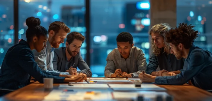 A group of diverse professionals gathered around a conference table, attentively reviewing training materials and discussing strategies, set in a modern, well-lit office with large windows offering a cityscape view, in a balanced and symmetrical composition, with soft natural lighting creating a productive and collaborative atmosphere, shot from a slightly elevated angle to capture the entire scene and the engagement of each participant, refined with crisp details and vibrant colors to convey a sense of clarity and progress. --ar 3:2 --no text, fonts, letters, watermark, words, typography, slogans, signature, camera --v 6.0 --s 250