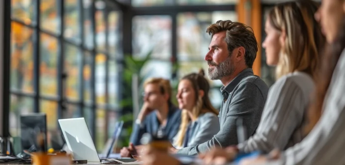 A lifestyle stock photography of professionals in a modern office setting engaged in a training session, participants attentively listening and taking notes, the trainer confidently presenting at the front of the room with a projector, the room well-lit with natural light streaming through large windows, the composition capturing a collaborative and focused atmosphere, mood is productive and engaged, shot from a mid-level angle to include both the trainer and participants in the frame. --ar 3:2 --no text, fonts, letters, watermark, words, typography, slogans, signature, camera --v 6.0 --s 250