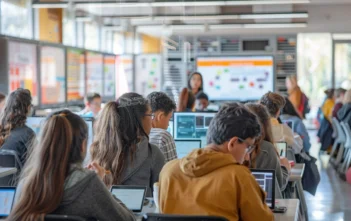 A lifestyle stock photography of a diverse group of students engaging in online learning on various devices in a modern, well-lit classroom, with a central focus on a teacher guiding them through digital content, surrounded by sleek educational technology and interactive screens, captured in a bright and inviting atmosphere, with a dynamic and inclusive composition, showcasing a blend of close-up and wide-angle shots to highlight the collaborative and accessible nature of digital learning, exuding a mood of innovation, inclusivity, and empowerment, with natural lighting accentuating the vibrant and energetic environment. --ar 3:2 --no text, fonts, letters, watermark, words, typography, slogans, signature, camera --v 6.0 --s 250