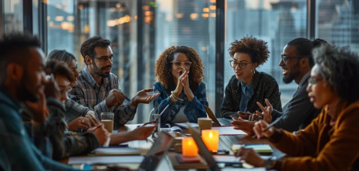 A diverse group of adults engaged in an animated discussion around a conference table, some taking notes while others gesture passionately, in a modern, well-lit office space with large windows showing a cityscape, the composition focused on teamwork and collaboration, with warm natural lighting creating a productive and energetic atmosphere, framed to capture the dynamic interactions and expressions of the participants, showcasing a sense of determination and innovation, shot from a slightly elevated angle to include both the participants and their brainstorming tools, such as laptops and flip charts. --ar 3:2 --no text, fonts, letters, watermark, words, typography, slogans, signature, camera --v 6.0 --s 250
