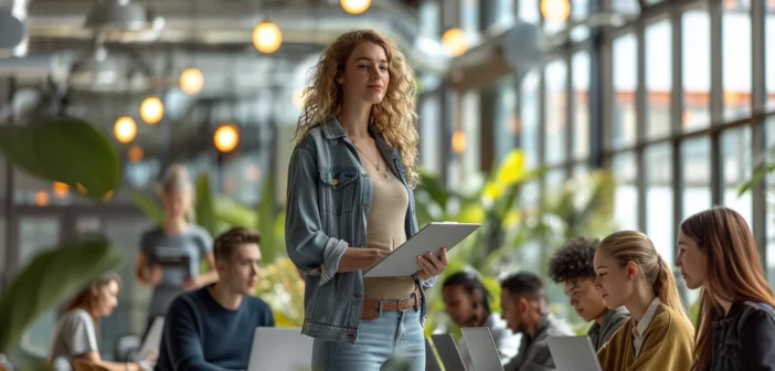 A lifestyle stock photography of young professionals collaborating in a modern office, one person standing and presenting with a confident pose while others sit attentively with laptops and notebooks, open-concept workspace with large windows and natural light, bright and airy atmosphere, balanced composition with focus on interaction and engagement, shot with a slight wide-angle lens for inclusivity, energetic and motivated mood. --ar 3:2 --no text, fonts, letters, watermark, words, typography, slogans, signature, camera --v 6.0 --s 250