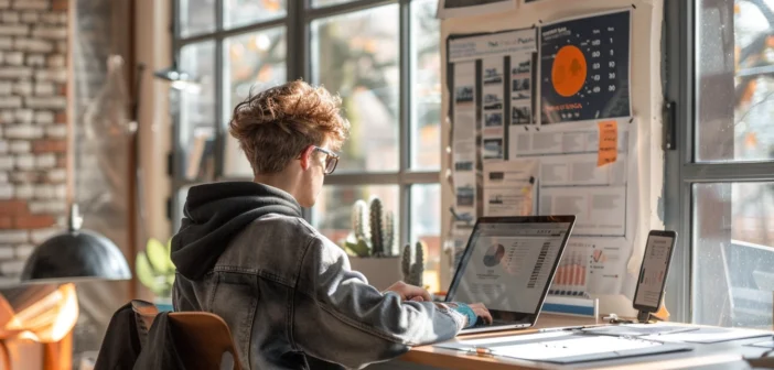 A lifestyle stock photography of an aspiring entrepreneur confidently working at a modern home office, seated at a sleek desk with a laptop open, surrounded by motivational posters and business planning materials, natural light streaming through large windows, captured in a bright and airy room with a minimalist design, the scene composed to highlight focus and determination, framed from a slightly elevated angle to emphasize the organized workspace, with a warm and encouraging mood, shot with a high-resolution camera to capture crisp details and vibrant colors. --ar 3:2 --no text, fonts, letters, watermark, words, typography, slogans, signature, camera --v 6.0 --s 250
