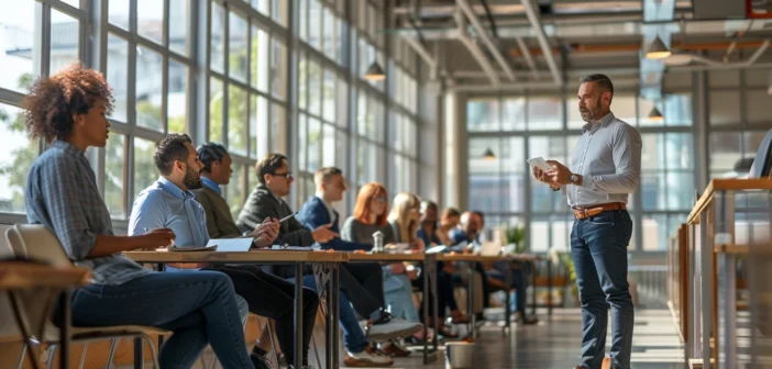 A lifestyle stock photography of a diverse group of professionals engaged in a personal development workshop in a modern, well-lit office setting, captured with a mix of medium and wide shots; participants are attentively listening, taking notes, and interacting with the instructor, who is standing confidently at the front, using visual aids and gestures; the scene is composed with natural light streaming through large windows, creating a bright and airy atmosphere, emphasizing a sense of motivation and focus; the overall mood is positive and inspiring, with a clear depth of field showcasing the engaged expressions and collaborative environment, shot from eye level for a relatable and immersive perspective. --ar 3:2 --no text, fonts, letters, watermark, words, typography, slogans, signature, camera --v 6.0 --s 250