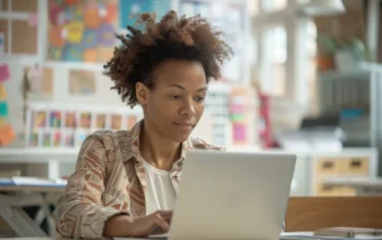 a lifestyle stock photography of a teacher sitting at a desk, focused on a laptop screen, in a classroom setting with educational posters and a whiteboard in the background, shot in a well-lit room with natural light streaming through the windows, capturing a medium-close shot to show the teacher's engagement with the laptop, with a warm and professional atmosphere, emphasizing clarity and ease of use, using a slight overhead angle to include the desk and some educational materials. --ar 3:2 --no text, fonts, letters, watermark, words, typography, slogans, signature, camera --v 6.0 --s 250