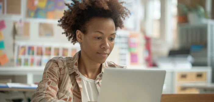 a lifestyle stock photography of a teacher sitting at a desk, focused on a laptop screen, in a classroom setting with educational posters and a whiteboard in the background, shot in a well-lit room with natural light streaming through the windows, capturing a medium-close shot to show the teacher's engagement with the laptop, with a warm and professional atmosphere, emphasizing clarity and ease of use, using a slight overhead angle to include the desk and some educational materials. --ar 3:2 --no text, fonts, letters, watermark, words, typography, slogans, signature, camera --v 6.0 --s 250