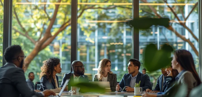 Subject: A group of diverse employees, Pose: seated at a conference table in an engaged discussion, Scene: modern office setting with large windows, Composition: employees facing each other with a financial advisor presenting, Lighting: bright natural light streaming through windows, Framing: medium shot capturing the whole table and participants, Refinement: professional attire and detailed office decor, Mood: collaborative and focused, Camera details or angle: eye-level angle with slight focus on the financial advisor. --ar 3:2 --no text, fonts, letters, watermark, words, typography, slogans, signature, camera --v 6.0 --s 250