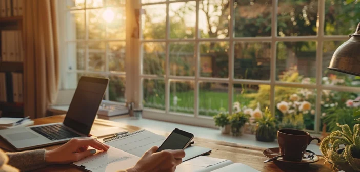 A lifestyle stock photography of a person confidently managing their daily schedule with a planner and smartphone in hand, seated at a tidy, modern home office desk with a window view of a sunny garden, the scene composed with organized elements like a coffee cup, laptop, and stationery, featuring soft natural lighting that highlights the serene atmosphere, framed with a slight overhead angle to capture the entire workspace, refined to emphasize productivity and calmness, exuding a mood of control and well-being, with a shallow depth of field to focus on the person and their actions. --ar 3:2 --no text, fonts, letters, watermark, words, typography, slogans, signature, camera --v 6.0 --s 250