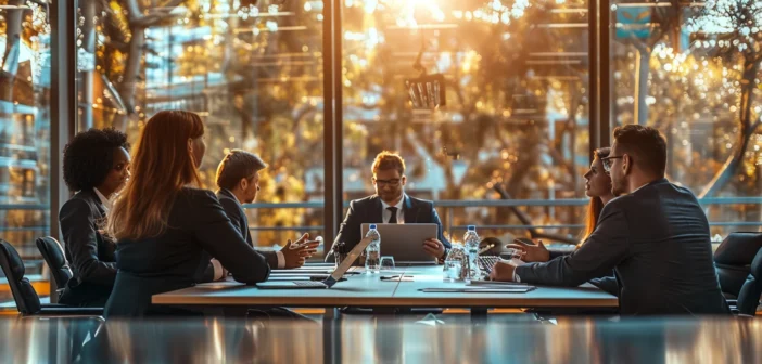 A lifestyle stock photography of a group of professionals in business attire, engaging in a lively discussion around a conference table, set in a modern, well-lit office with large windows, emphasizing collaboration and learning, with a balanced composition and natural lighting; the scene should evoke a productive and optimistic atmosphere, captured from a slightly elevated angle to include everyone in the frame, focusing on interaction and engagement, with crisp details and vibrant colors. --ar 3:2 --no text, fonts, letters, watermark, words, typography, slogans, signature, camera --v 6.0 --s 250