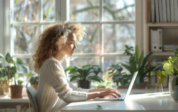 a lifestyle stock photography of a professional woman sitting at a modern desk, typing on a laptop with an expression of focus and determination, in a bright and minimalist home office, with large windows allowing natural sunlight to pour in, creating a warm and inviting atmosphere, framed with houseplants and bookshelves in the background, capturing a moment of online learning and career development, shot with a shallow depth of field to emphasize the subject, evoking a mood of productivity and empowerment, taken from a slightly elevated angle to showcase the workspace and environment. --ar 3:2 --no text, fonts, letters, watermark, words, typography, slogans, signature, camera --v 6.0 --s 250