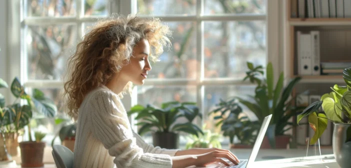 a lifestyle stock photography of a professional woman sitting at a modern desk, typing on a laptop with an expression of focus and determination, in a bright and minimalist home office, with large windows allowing natural sunlight to pour in, creating a warm and inviting atmosphere, framed with houseplants and bookshelves in the background, capturing a moment of online learning and career development, shot with a shallow depth of field to emphasize the subject, evoking a mood of productivity and empowerment, taken from a slightly elevated angle to showcase the workspace and environment. --ar 3:2 --no text, fonts, letters, watermark, words, typography, slogans, signature, camera --v 6.0 --s 250