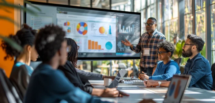 A lifestyle stock photography of a diverse group of adults seated around a table in a modern, brightly-lit office, attentively listening to a professional career coach giving a presentation; the scene captures engaging interactions and supportive body language, with the coach standing confidently next to a large screen displaying various educational materials; natural daylight streams through large windows, creating a warm and inviting atmosphere; the composition is balanced and dynamic, with a focus on the relationships and expressions of the participants; the mood is optimistic and encouraging, shot with a wide-angle lens to include the entire group and emphasize the collaborative environment. --ar 3:2 --no text, fonts, letters, watermark, words, typography, slogans, signature, camera --v 6.0 --s 250