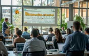 A lifestyle stock photography of a diverse group of professionals in a modern conference room, attentively listening to a speaker giving a presentation on ATEX regulations and certification levels, with a large screen displaying detailed slides. The scene is set in a bright, well-lit space with natural light streaming through large windows, creating a professional and focused atmosphere. The composition includes a mix of seated and standing individuals, some taking notes, others engaging in discussion. The room is framed to include elements such as a whiteboard, flip chart, and office plants, enhancing the corporate setting. The mood is educational and collaborative, captured with a wide-angle lens to encompass the entire room and its occupants. --ar 3:2 --no text, fonts, letters, watermark, words, typography, slogans, signature, camera --v 6.0 --s 250