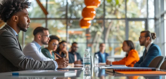 A lifestyle stock photography of professionals engaged in a dynamic training session, sitting around a modern conference table, attentively listening and taking notes, in a bright and spacious office with large windows allowing natural light to flood in, creating a vibrant and energetic atmosphere; the scene captures the essence of collaboration and growth, with a focus on diverse individuals in business attire, showcasing a mix of genders and ethnicities, emphasizing inclusivity and active participation; the composition is well-balanced with a slight overhead angle, ensuring all participants are visible, evoking a mood of motivation and eagerness to learn, with crisp, clear details highlighting the interaction and the professional setting. --ar 3:2 --no text, fonts, letters, watermark, words, typography, slogans, signature, camera --v 6.0 --s 250
