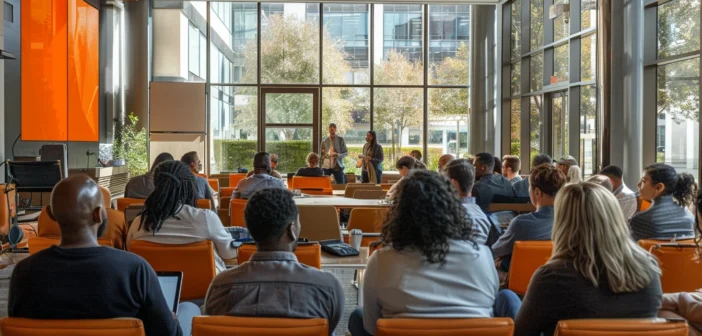 A lifestyle stock photography of a diverse group of professionals from various industries engaging in a dynamic workshop setting, some seated attentively, others actively participating in discussions or taking notes, with a modern, spacious conference room featuring large windows, sleek furniture, and presentation screens; the room is brightly lit with natural daylight enhancing the professional ambiance; captured in a wide-angle shot to encompass the lively atmosphere, exuding a mood of collaboration, learning, and growth. --ar 3:2 --no text, fonts, letters, watermark, words, typography, slogans, signature, camera --v 6.0 --s 250