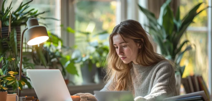 A lifestyle stock photography of a young professional balancing work and study, sitting at a modern desk with an open laptop and textbooks, in a cozy home office with natural light streaming in through a large window, framed with a neat arrangement of plants and minimalistic decor, soft focus on the background to highlight the subject's concentration, warm and inviting atmosphere, captured from a mid-angle to emphasize both the workspace and the subject's determined expression. --ar 3:2 --no text, fonts, letters, watermark, words, typography, slogans, signature, camera --v 6.0 --s 250