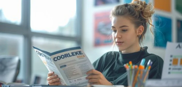 A lifestyle stock photography of a young professional woman sitting at a modern desk, intently reading a course catalog with a determined expression, in a bright, stylish office with large windows letting in natural light, surrounded by motivational posters and sleek office supplies, captured in a slight high-angle shot, with a soft focus on the background to emphasize her engagement, evoking a mood of ambition and commitment, taken with a DSLR camera and a 50mm lens. --ar 3:2 --no text, fonts, letters, watermark, words, typography, slogans, signature, camera --v 6.0 --s 250