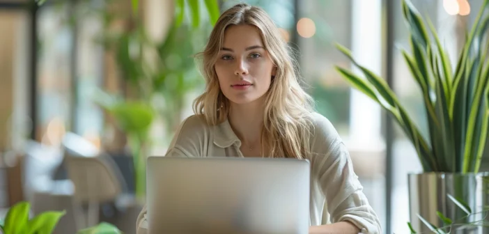 A lifestyle stock photography of a professional woman in her early 30s, sitting at a modern desk with a laptop and notebooks, looking focused and determined, in a bright, contemporary office space with large windows and green indoor plants, natural daylight streaming in, the scene framed to show a tidy and organized workspace, capturing a dynamic and motivational atmosphere, with a shallow depth of field to highlight her expression, taken from a slightly elevated angle for an engaging perspective. --ar 3:2 --no text, fonts, letters, watermark, words, typography, slogans, signature, camera --v 6.0 --s 250