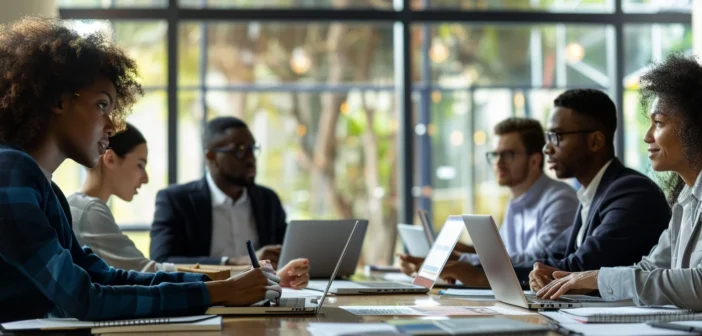 A lifestyle stock photography of a diverse group of professionals gathered around a conference table, actively discussing and reviewing documents, in a modern office setting with large windows and ample natural light; the composition includes laptops, notepads, and financial charts spread across the table, with the team members demonstrating collaboration and engagement; the lighting is bright and natural, creating a professional yet inviting atmosphere; the framing captures the interaction among the team, emphasizing the collaborative nature of the scene; the mood is focused and productive, highlighting the theme of exploring various financial solutions for professional training in the workplace; the camera angle is eye-level to immerse the viewer in the discussion. --ar 3:2 --no text, fonts, letters, watermark, words, typography, slogans, signature, camera --v 6.0 --s 250