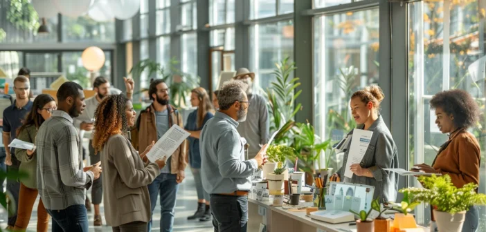 A lifestyle stock photography of diverse employees gathered in a modern office setting, some holding signs and discussing amongst themselves, while others are engaging with a representative at a desk, with a few workers looking at informational pamphlets; natural daylight streams through large windows, creating a well-lit, open space with plants and office decor; the atmosphere is serious yet collaborative, captured in a wide-angle shot that encompasses the entire scene. --ar 3:2 --no text, fonts, letters, watermark, words, typography, slogans, signature, camera --v 6.0 --s 250