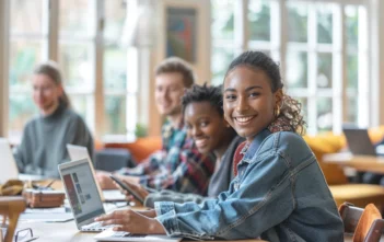 A lifestyle stock photography of diverse people engaging in e-learning on various devices, smiling and focused, in a cozy, modern home environment with natural light streaming in from large windows; the composition should include individuals of different ages and backgrounds, captured in candid poses, using laptops, tablets, and smartphones while sitting at desks, on couches, or in comfortable chairs; the scene should evoke a sense of flexibility, accessibility, and innovation in education; lighting should be warm and inviting, with clear, sharp details; the framing should be wide enough to show the entire setting and interactions among the people, creating a dynamic and inclusive atmosphere; the mood should be positive, empowering, and forward-thinking, with a slight depth of field to emphasize key elements and maintain focus on the subjects. --ar 3:2 --no text, fonts, letters, watermark, words, typography, slogans, signature, camera --v 6.0 --s 250