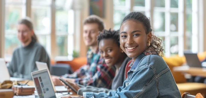 A lifestyle stock photography of diverse people engaging in e-learning on various devices, smiling and focused, in a cozy, modern home environment with natural light streaming in from large windows; the composition should include individuals of different ages and backgrounds, captured in candid poses, using laptops, tablets, and smartphones while sitting at desks, on couches, or in comfortable chairs; the scene should evoke a sense of flexibility, accessibility, and innovation in education; lighting should be warm and inviting, with clear, sharp details; the framing should be wide enough to show the entire setting and interactions among the people, creating a dynamic and inclusive atmosphere; the mood should be positive, empowering, and forward-thinking, with a slight depth of field to emphasize key elements and maintain focus on the subjects. --ar 3:2 --no text, fonts, letters, watermark, words, typography, slogans, signature, camera --v 6.0 --s 250